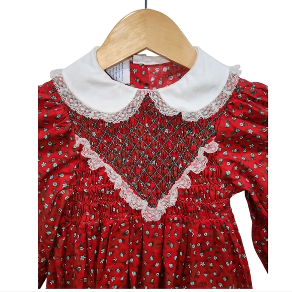 Vtg Winnie The Pooh Dress Girls Size 6XL Smocked Peter Pan Lace Collar Christmas - Picture 2 of 11